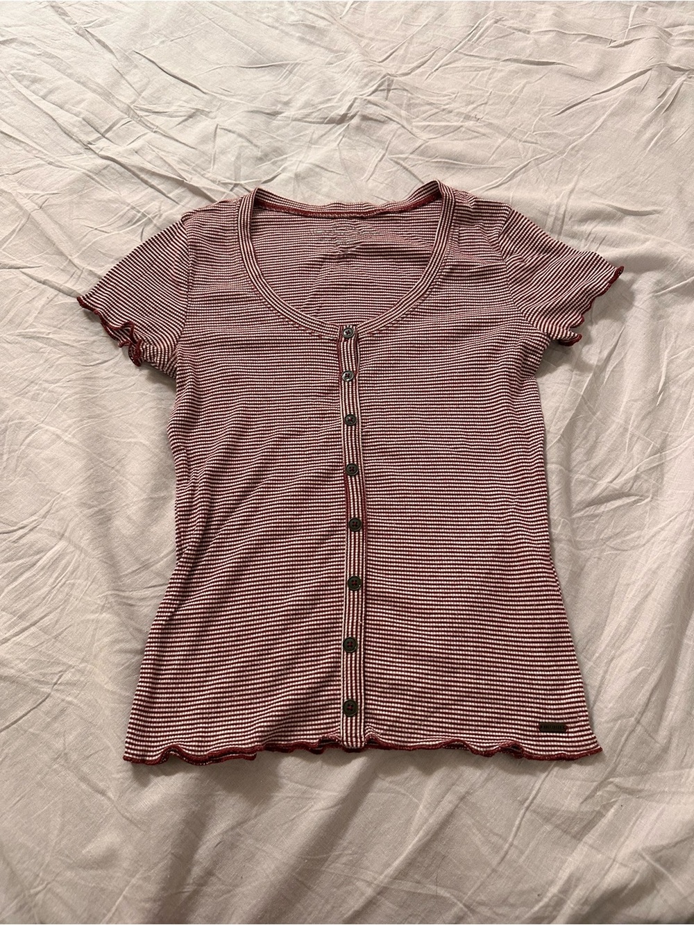 Hollister Red and White Striped Button-Front Short Sleeve Tee